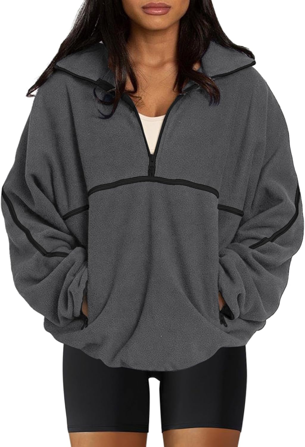 LASLULU Womens Half Zip Pullover Sweatshirt Sherpa Fleece Jacket Oversized Sweatshirts Warm Fuzzy Sweaters Pockets