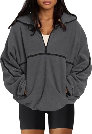 LASLULU Womens Half Zip Pullover Sweatshirt Sherpa Fleece Jacket Oversized Sweatshirts Warm Fuzzy Sweaters Pockets