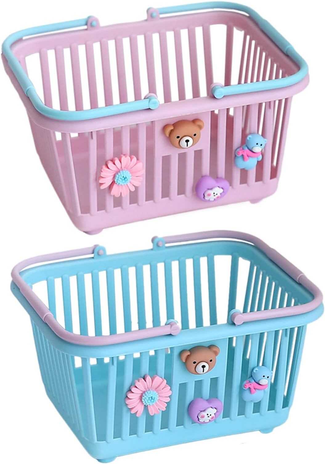 Pretend Play Storage Basket,2pcs Small Toy Shopping Basket Kids GroceryBasket With Handles Colourful Toy ShoppingBasket For Children CarryingBasket With 4 Adornments,SmallBasket PlayToy