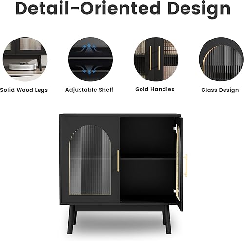 Miniatura 6 de Aparador de buffet con almacenamiento de cocina, acento con puertas de cristal, gabinete de almacenamiento moderno negro para sala de estar,
