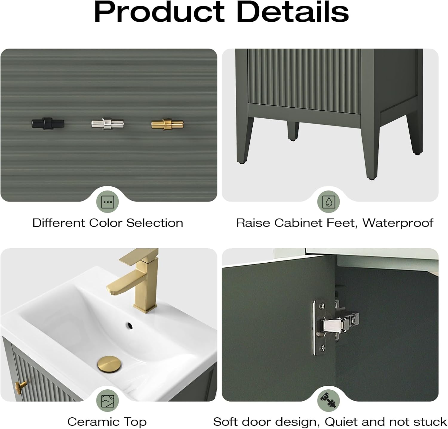 Vanity Art 20 inch Bathroom Vanity with Single Sink & Ceramic Top, Vanity Cabinet with Soft-Closing Door, Solid Wood Frame, Linear Pattern, Vintage Green, Golden Brushed Handware VA9120-VG-GB