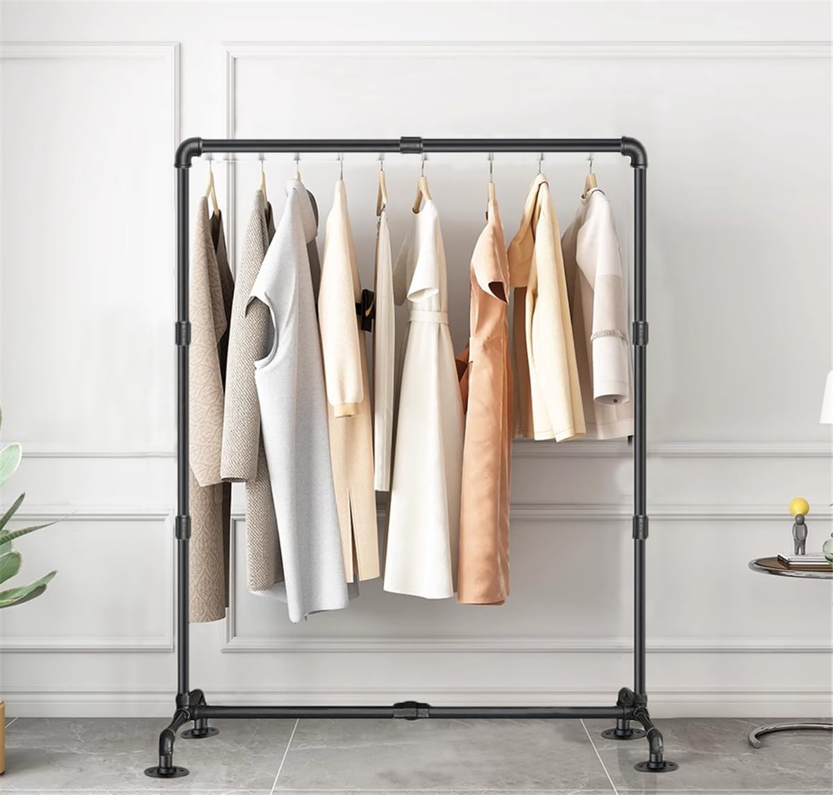 Industrial Pipe Clothing Rack Free Standing,Vintage Commercial Grade Black Pipe Garment Racks Organizer with 4 Stable Feet for Hanging Clothes Retail Display