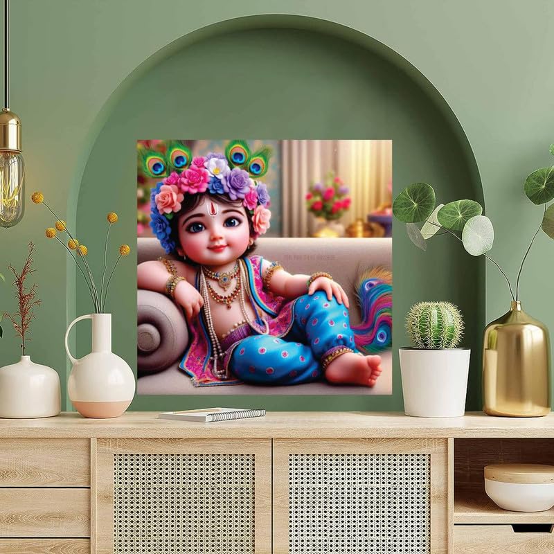 Image of British Terminal Cute little Bal Gopal Baby God Krishna| Kanha Ji | Laddu Lord Makhan Chor Painting Religious Poster for Pregnant Women for wall (matt thin vinyl,sticker,multicolor,unframed)| bj378