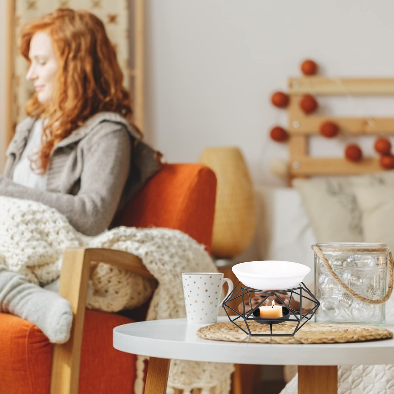 Palnik olejowy, geometryczny żelazny stojak i ceramiczna miska palnik do wosku aromatycznego, dekoracja domu jako palnik olejków eterycznych lub jako świecznik na podgrzewacze