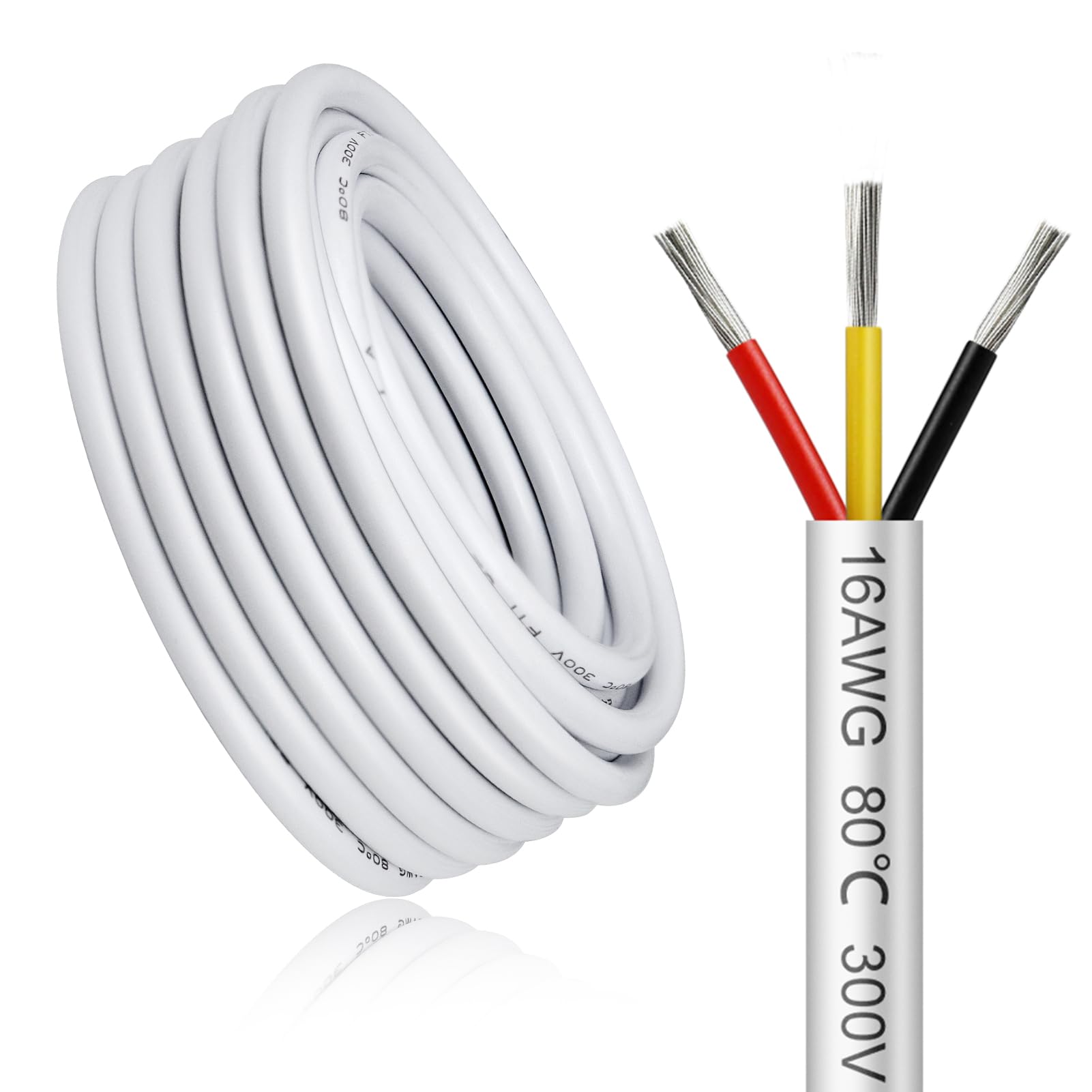 LightingWill 49.2FT/15M 16AWG 3x1.5mm² Electrical Wire 3 Core Cable, White 16 Gauge 5V/12V/24V/240V/300V Low Voltage Flexible Extension Cable, Tinned Copper Wires, High Temperature Resistant
