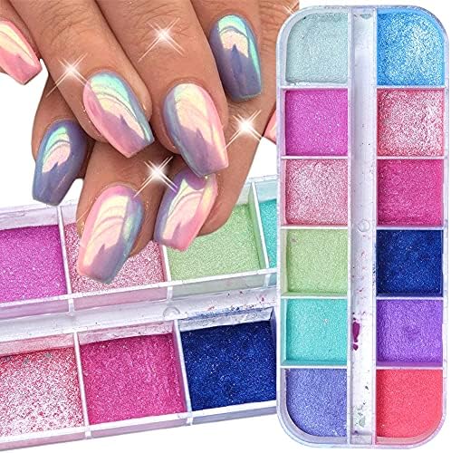Holographic Nail Glitter Powder, Nail Art Supplies 3D Sparkle Nail Art Pigment Colorful Shiny Glitter Mermaid Pearl Powder Dust Summer Effect for Woman Acrylic Nails Decoration Kit 12Colors