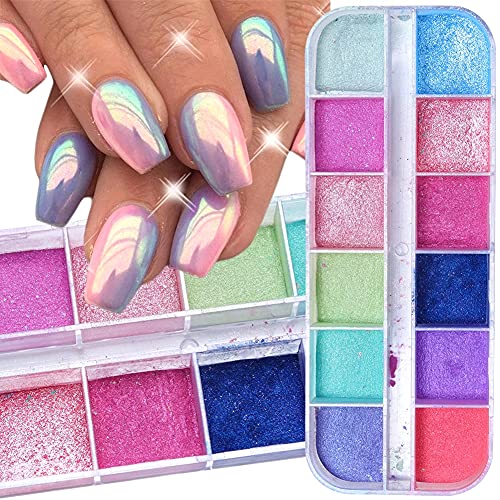 Holographic Nail Glitter Powder, Nail Art Supplies 3D Sparkle Nail Art Pigment Colorful Shiny Glitter Mermaid Pearl Powder Dust Summer Effect For Woman Acrylic Nails Decoration Kit 12Colors #TOP8