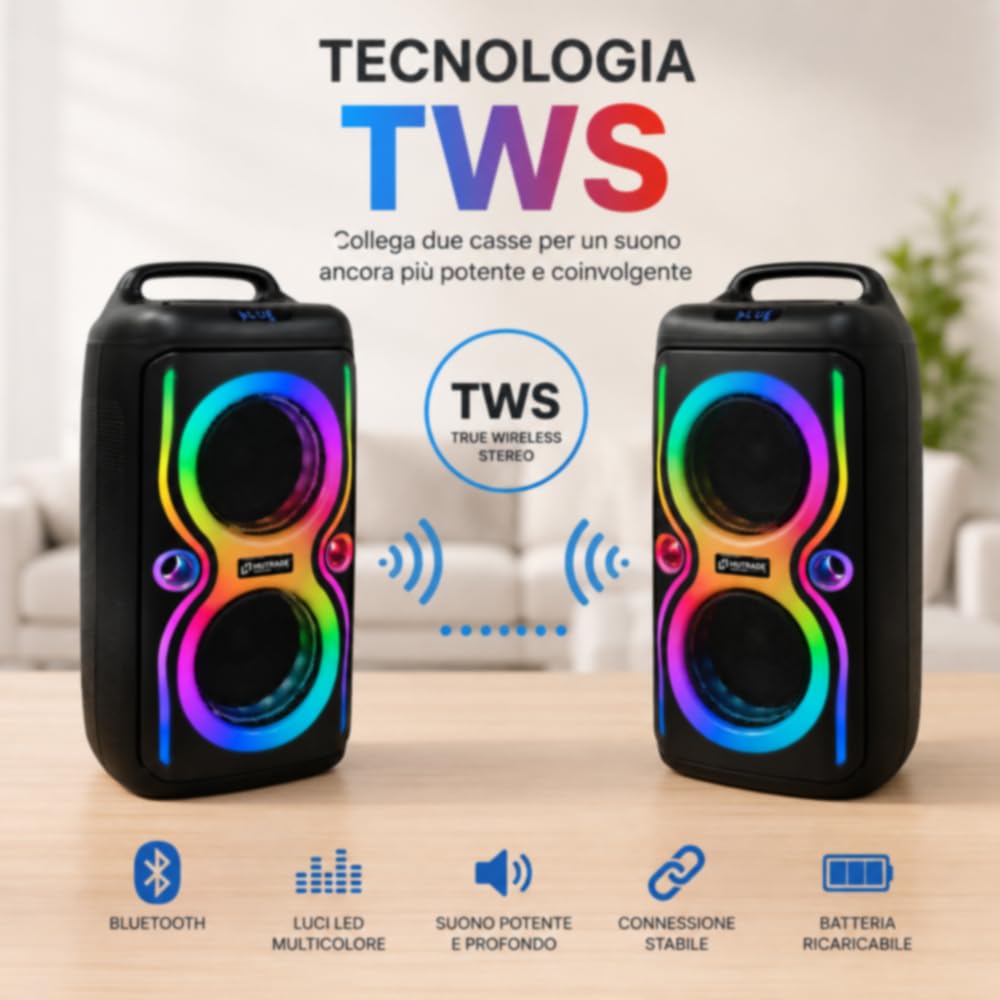 Vetrineinrete® Cassa Bluetooth Portatile a Zaino 100W RMS con Luci RGB
