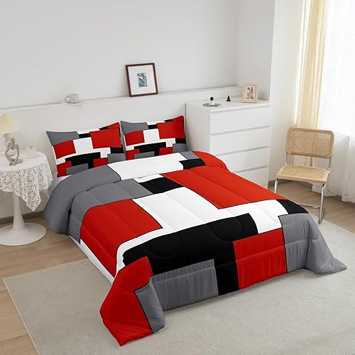 Miniatura 2 de Erosebridal Juego de ropa de cama de color rojo, gris, blanco y negro, juego de edredón geométrico cuadrado para adolescentes, tamaño King, edredón