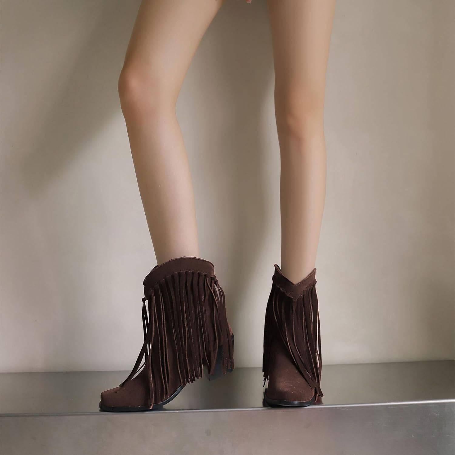 rismart Women's Western Ankle Boots Square Toe Chunky Heel Pull-On Booties with Tassels Casual Cowgirl Shoes