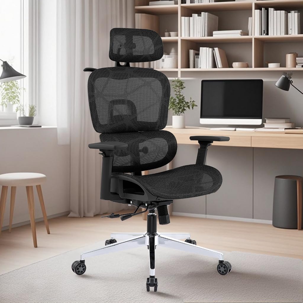 Goldeluxe Silla de Oficina Ergonómica y Gaming con Reposabrazos 4D, Reposacabezas 2D, Asiento Ajustable, Perchero y Ruedas Silenciosas, hasta 150 kg