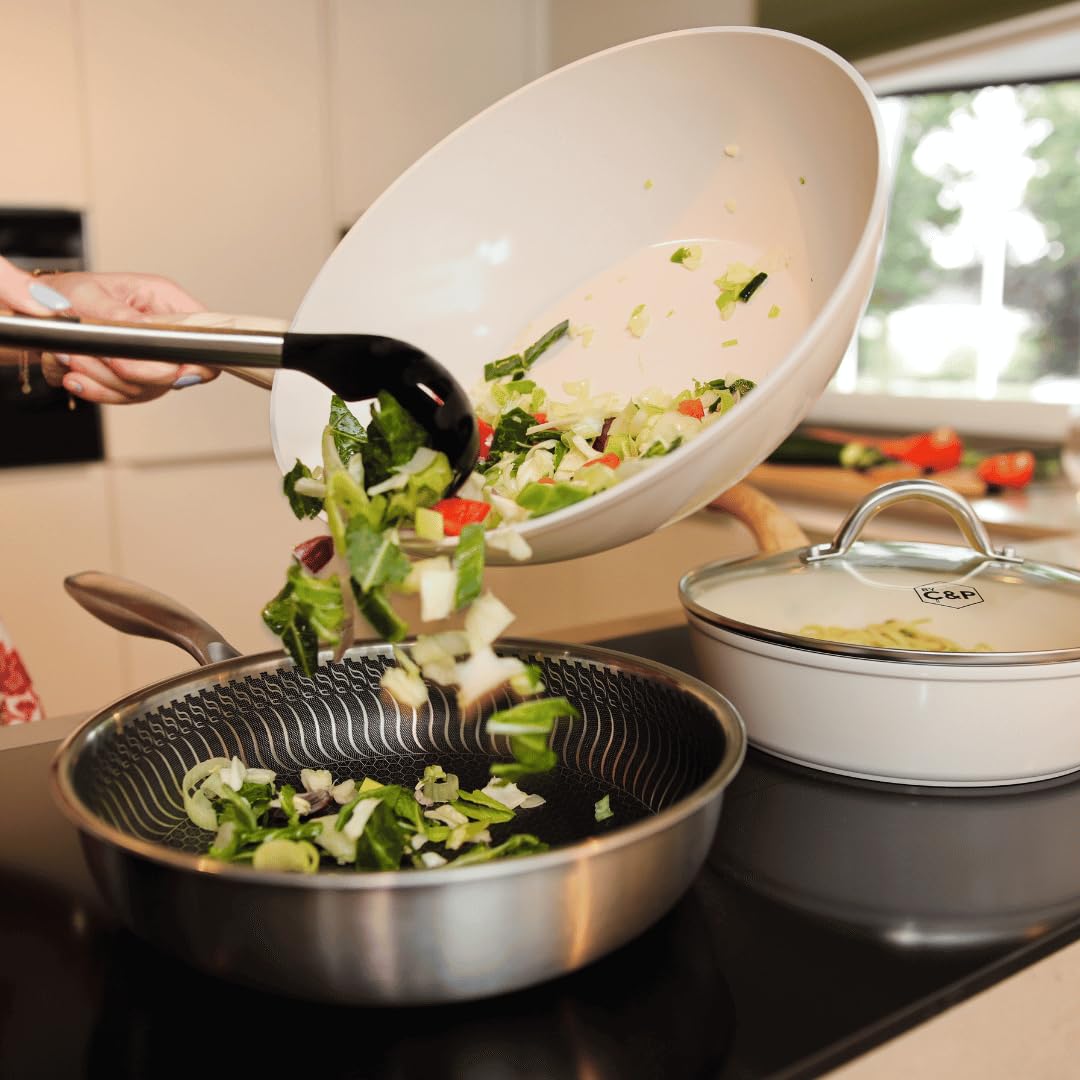 Cook & Pan - Go Ivory Poêle wok 30 cm- Induction - Sans PFAS- Revêtement Antiadhésif en Céramique- Aluminium- Crème
