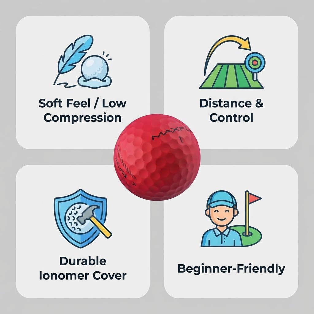 Maxfli SoftFli Golf Balls – 36-Pack Matte Red | Soft Feel Low Compression Golf Balls for Distance & Control | Durable Ionomer Cover | Ideal for Beginners & Recreational Golfers