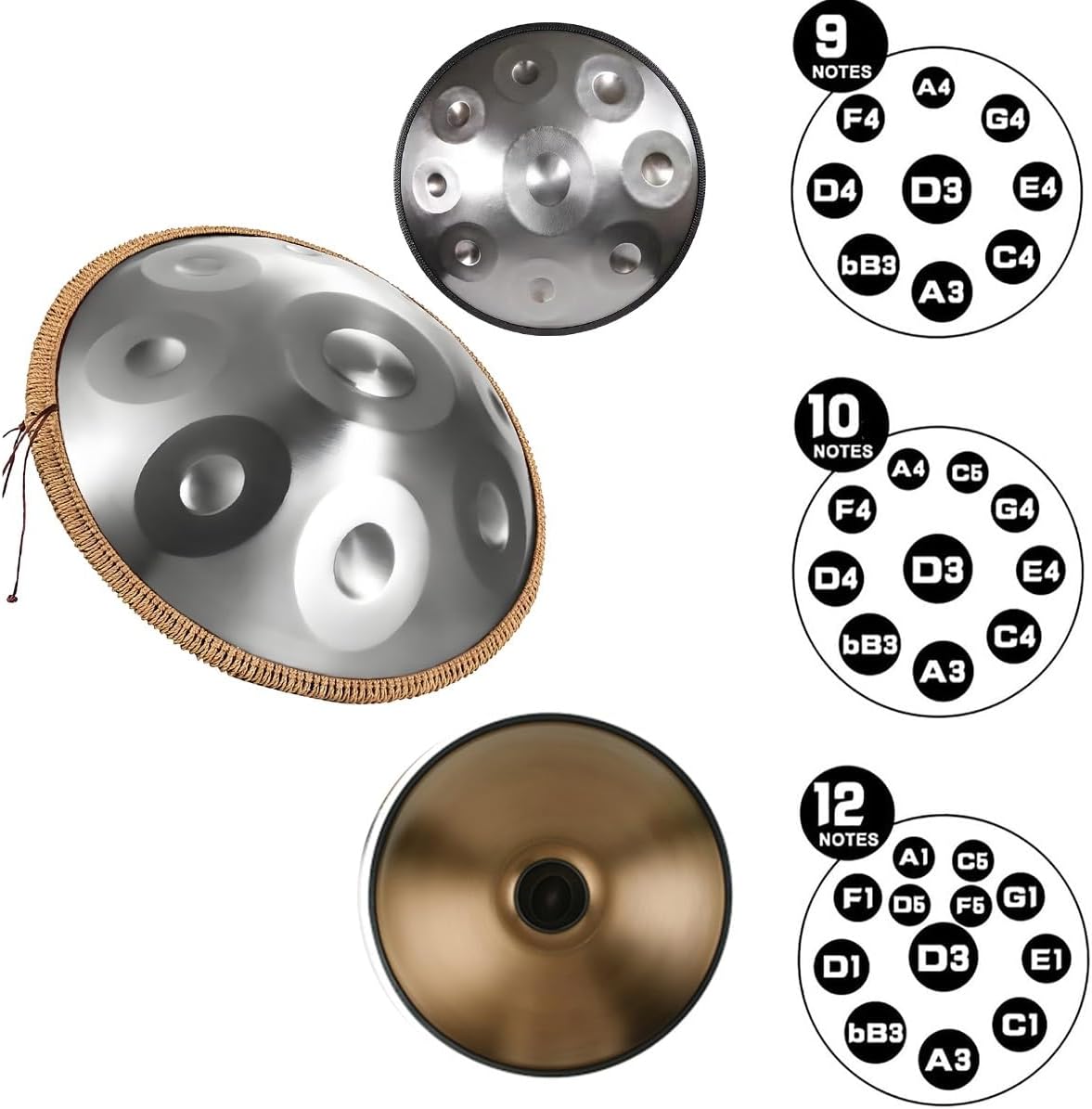 Handpan Drums for Adults Steel Handpan D Minor Kurd 22 Inches 9/10/12 Notes 440hz 432hz Harmonic Percussion Instrument for Sound Healing, Personal Meditation, Yoga(Gold,440HZ/12Note)
