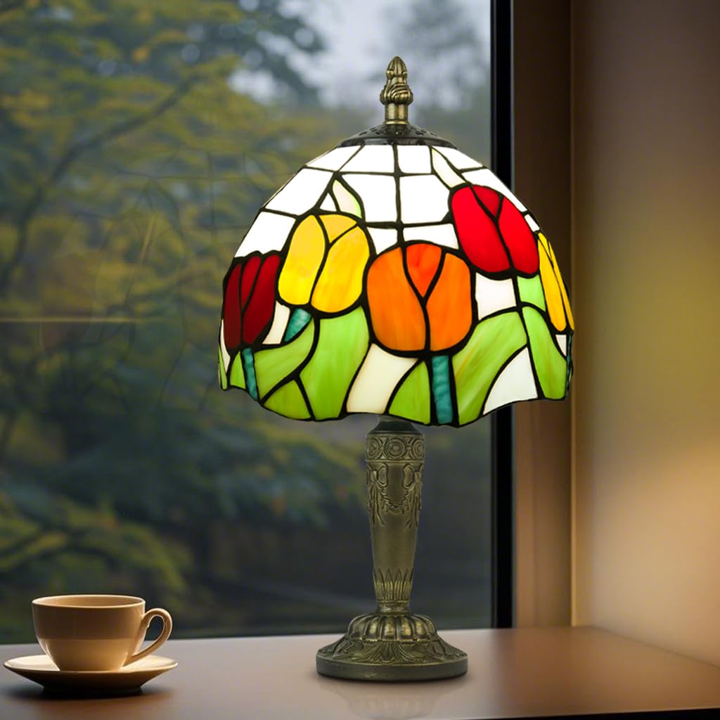 Crefotu Small Tiffany Style Table Lamp, 3 Color Temperatures Bedside Lamp, 8 Inch Stained Glass Desk Light for Home Office Bedroom Living Room (Tulips) — image 1