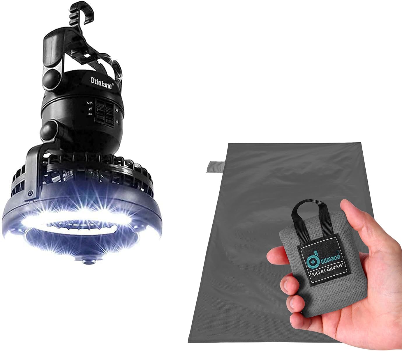 Odoland Bundle - 2 Items Portable LED Camping Lantern with Ceiling Fan and 43.3" x 27.5" SandProof Waterproof Outdoor Pocket Blanket with Portable Bag