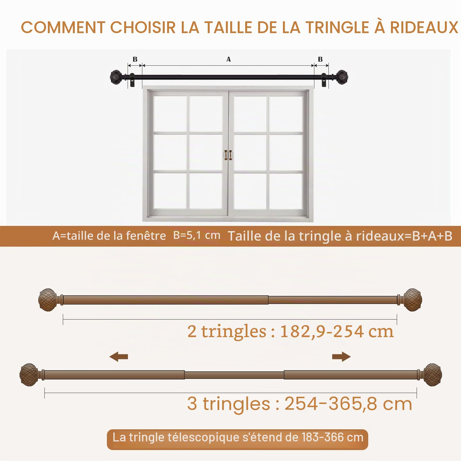 SZXIMU Tringle à rideaux extensible noire 182 à 365 cm | Embout rond, Structure en maille, Pour fête, cuisine, chambre à coucher