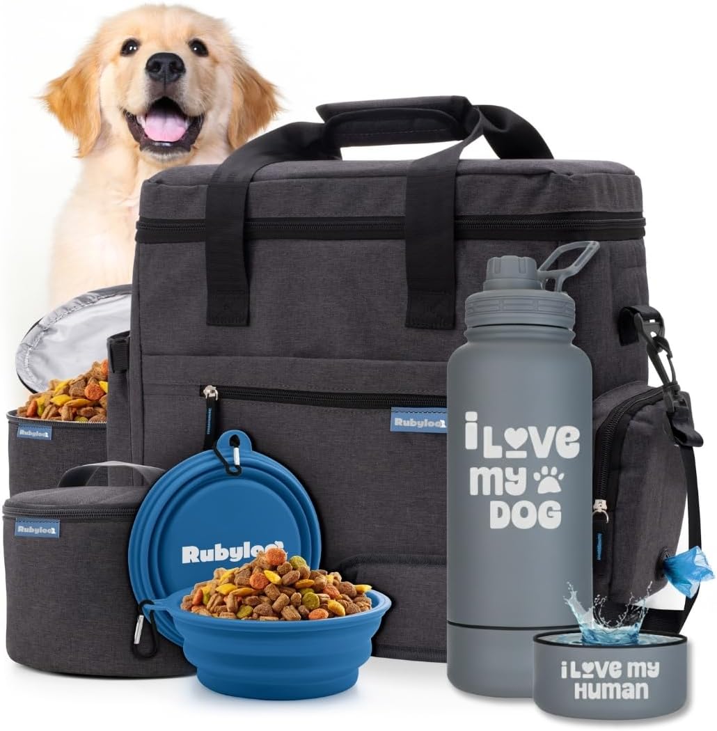Rubyloo The Original Doggy Bag (Charcoal) & 32oz Insulated Water Bottle with Attached 8oz Bowl (I Love My Dog) – Dog Travel Bag & Hydration Set