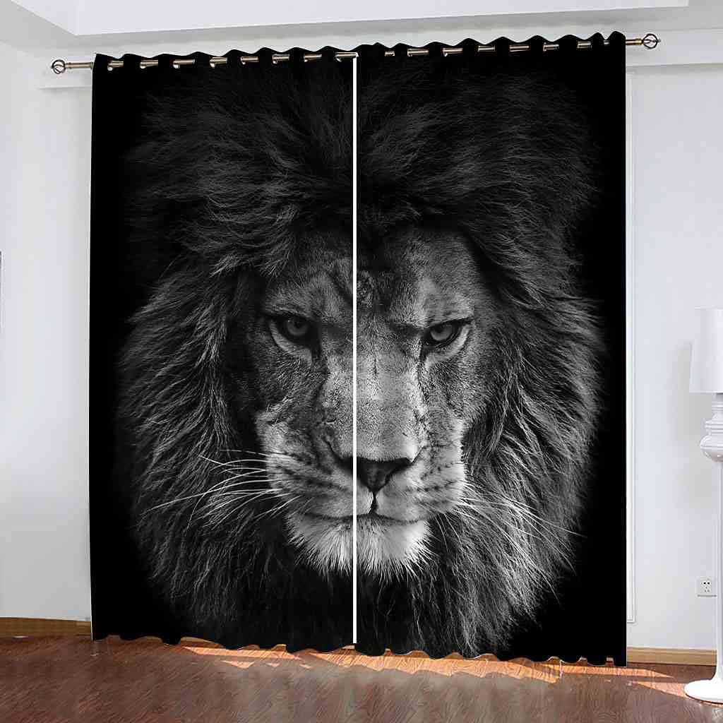 Rideau occultant à oeillets lion animal gris grand format 300x270 cm