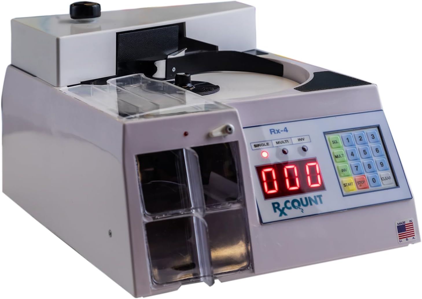 Rx-4 Automatic Pill Counting Machine - Compact Digital Tabletop Pharmaceutical Counter for Pharmacies, Doctors, and Veterinarians.