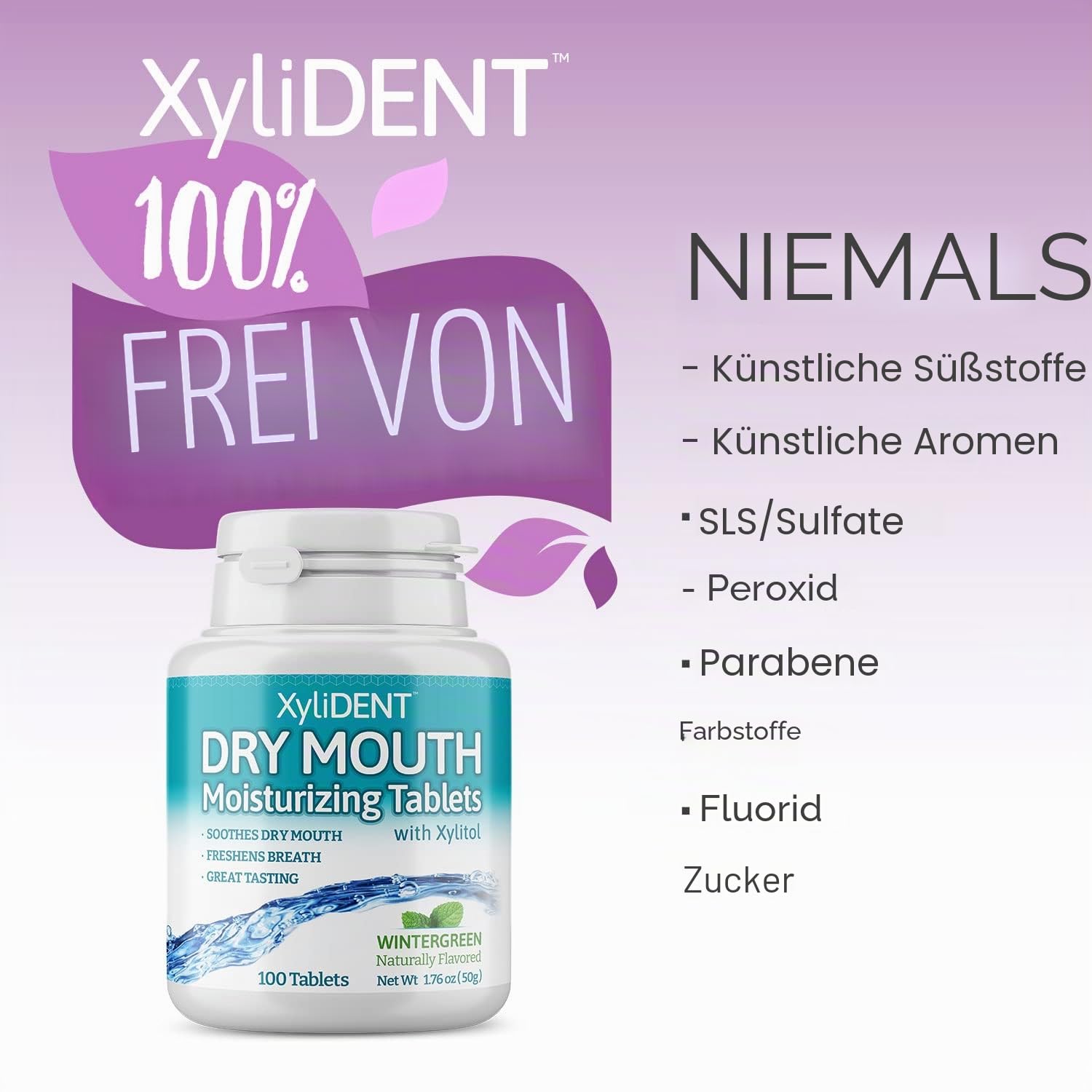 XyliDENT Xylitol-Tabletten für trockene Mundentlastung – stimuliert Speichel, erfrischt den Atem, reduziert Säureproduktion, schnell wirkend, verlängerte Entlastung, 100 Stück (Wintergrün)