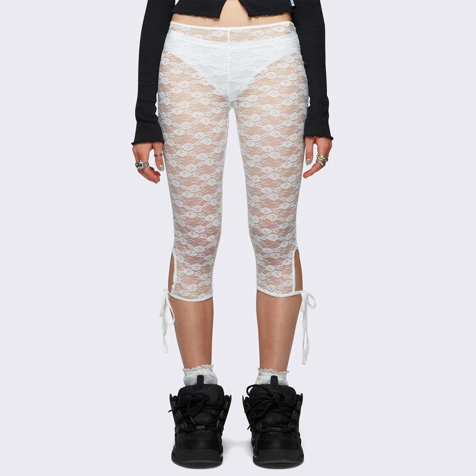 Sexy outfit Damskie kwieciste koronkowe legginsy Capri 3/4 długości rozciągliwe rajstopy seksowne przezroczyste przycięte spodnie z wycięciem na imprezę nocną w klubie