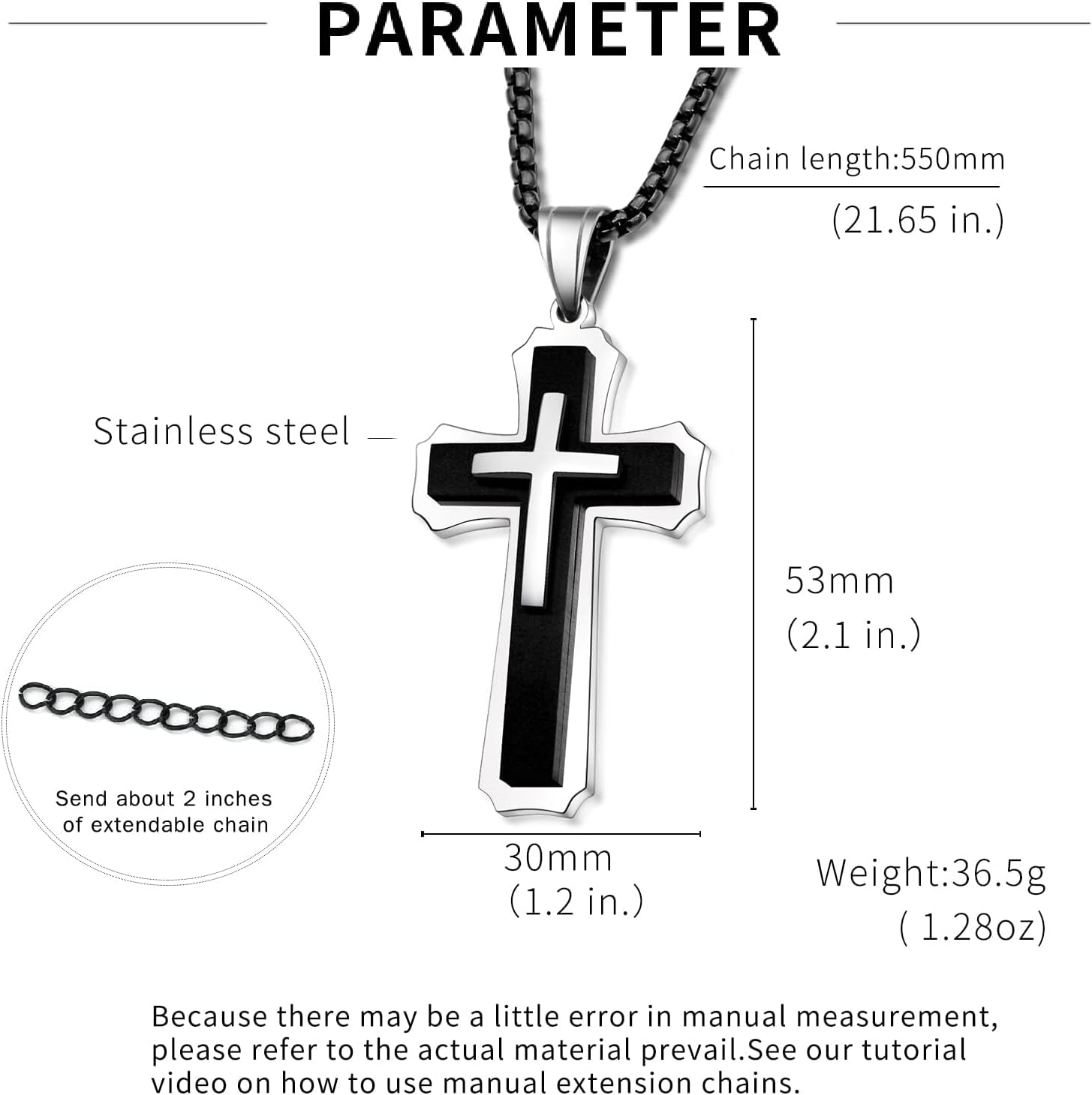Silver deer [Hypoallergenic Cross Necklace for Men【2in DIY extension】 Stainless Steel Plain Cross Pendant Necklace for Men Box Chain 21.65in - Image 5