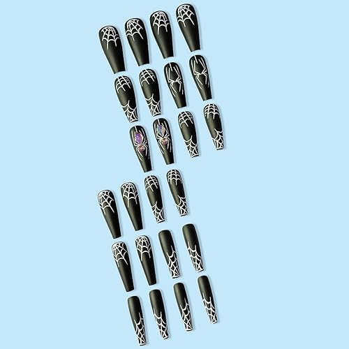 Miniatura 78 de Uñas postizas a presión de Halloween, cuadradas, medianas, con diseños de telaraña, parches coloridos, punta francesa, uñas acrílicas, uñas