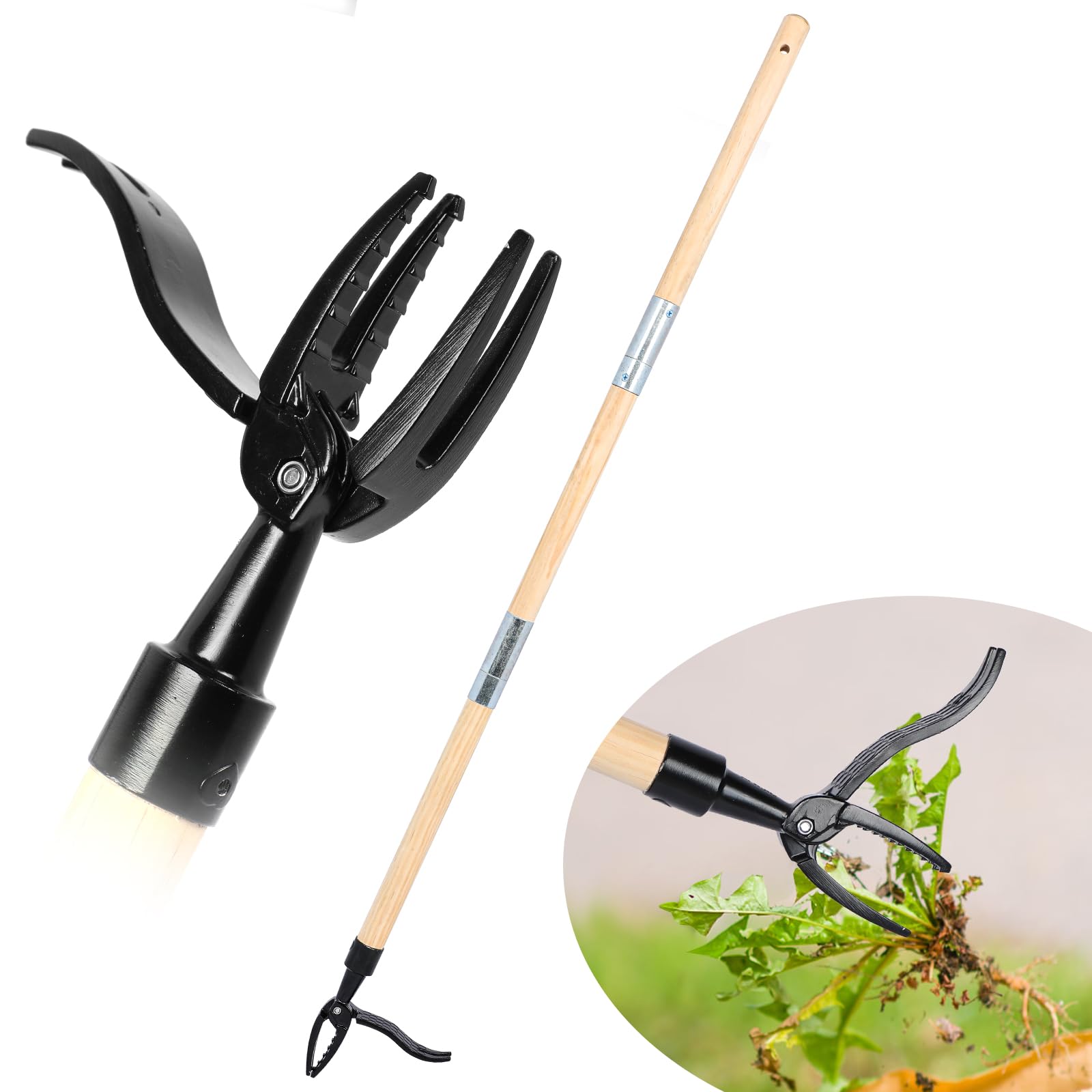 DomigardStanding Weeder Tool, Long Wooden Handle Weed Puller, 3-part Detachable Handle Weed Remover Tool, Stand-up Manual Weeder Tool with Metal Weeding 4 Claws Head for Garden & Lawn (112cm/44in)