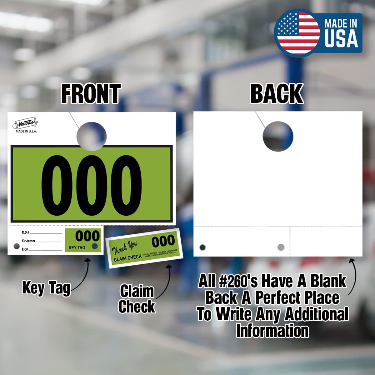 Versa-Tags 1000 Light Green Car Dealer Service Hang Tags Service Dispatch Numbers, Service Department Numbered Key Tags for Mechanic Repair Shop 3 Part Key Ring - Light Green (000-999)