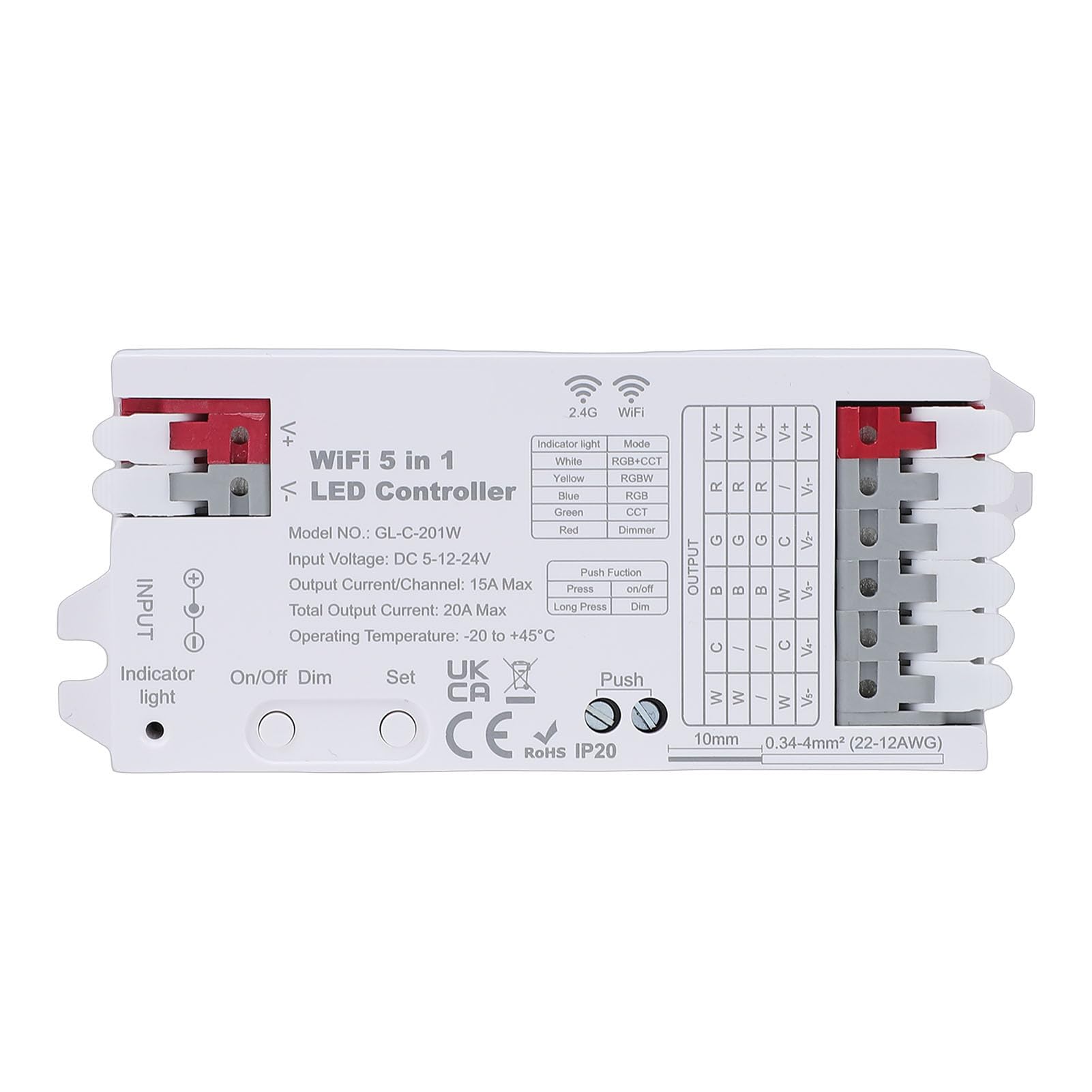 Controller Luce LED Smart WiFi Bluetooth Lampada Striscia 5 in 1 RGBCCT RGBW Dimmer 20A per Illuminazione Personalizzata
