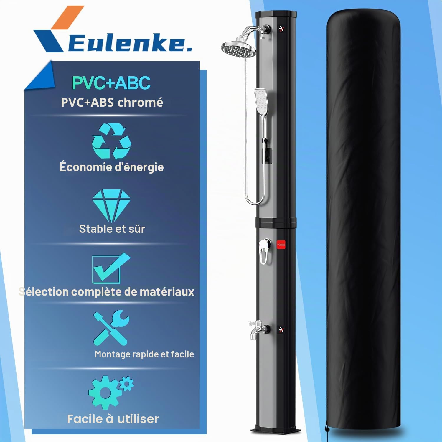 Eulenke Douche Solaire Piscine 60 litres INCL Capot de Protection et Douchette à Main, Maximum 60°C, Douche Camping avec Douche de Pied et pommeau de Douche Rond, Douche Exterieur Argent et Noir
