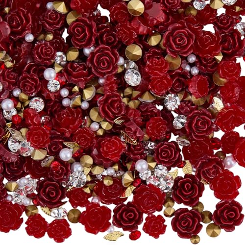 SOFPLATE 1 scatola Da 150 pezzi di Ciondoli per Unghie A Forma di Rosa Rossa Decorazioni per Nail Art con Fiori In Resina 3D Strass Flatback Gemme e Perle Forniture per Unghie di San valentinos pe