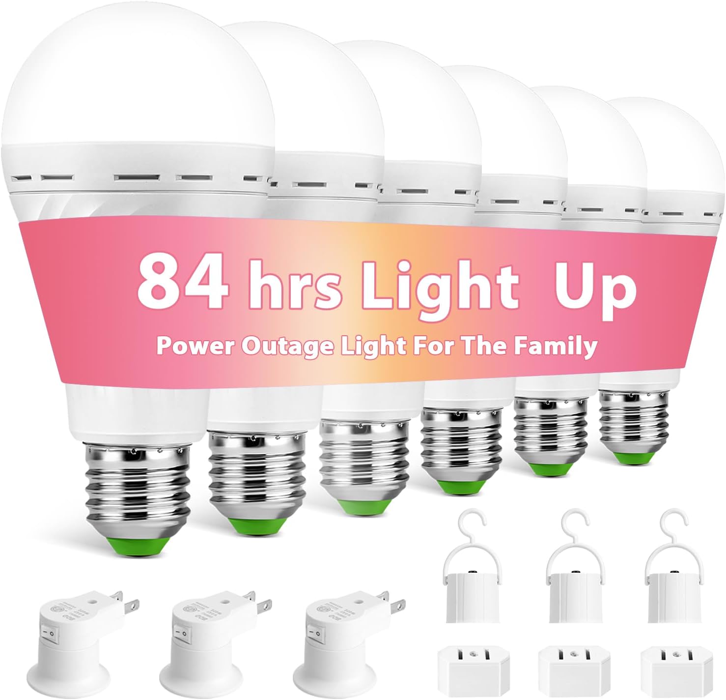 Emergency Rechargeable Light Bulbs, Battery Powered LED Light Bulb Daylight E26 12W 60W Equivalent with 1500mAh for Home Power Outage Camping Hiking(6 Bulbs,3 Plug Caps, 3 Hooks,3 socket adapter)