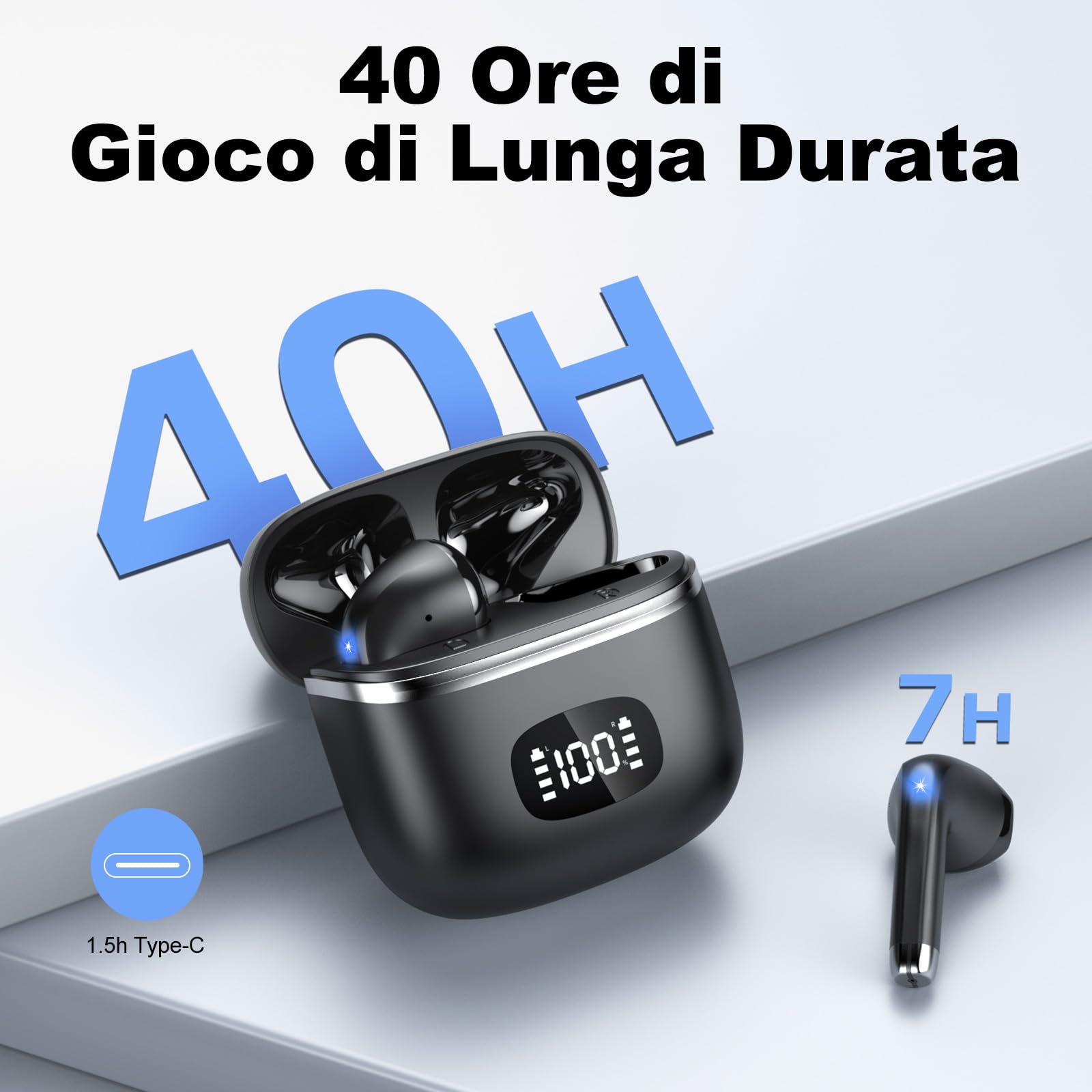 Cuffie Bluetooth 5.4, 2025 Auricolari Bluetooth Stereo HiFi, 40 Ore Mini Cuffiette Bluetooth con 4 ENC Cancellazione Rumorecon Mic,LED Display, IPX7 Impermeabili Cuffie Wireless per Androide/iOS, Nero