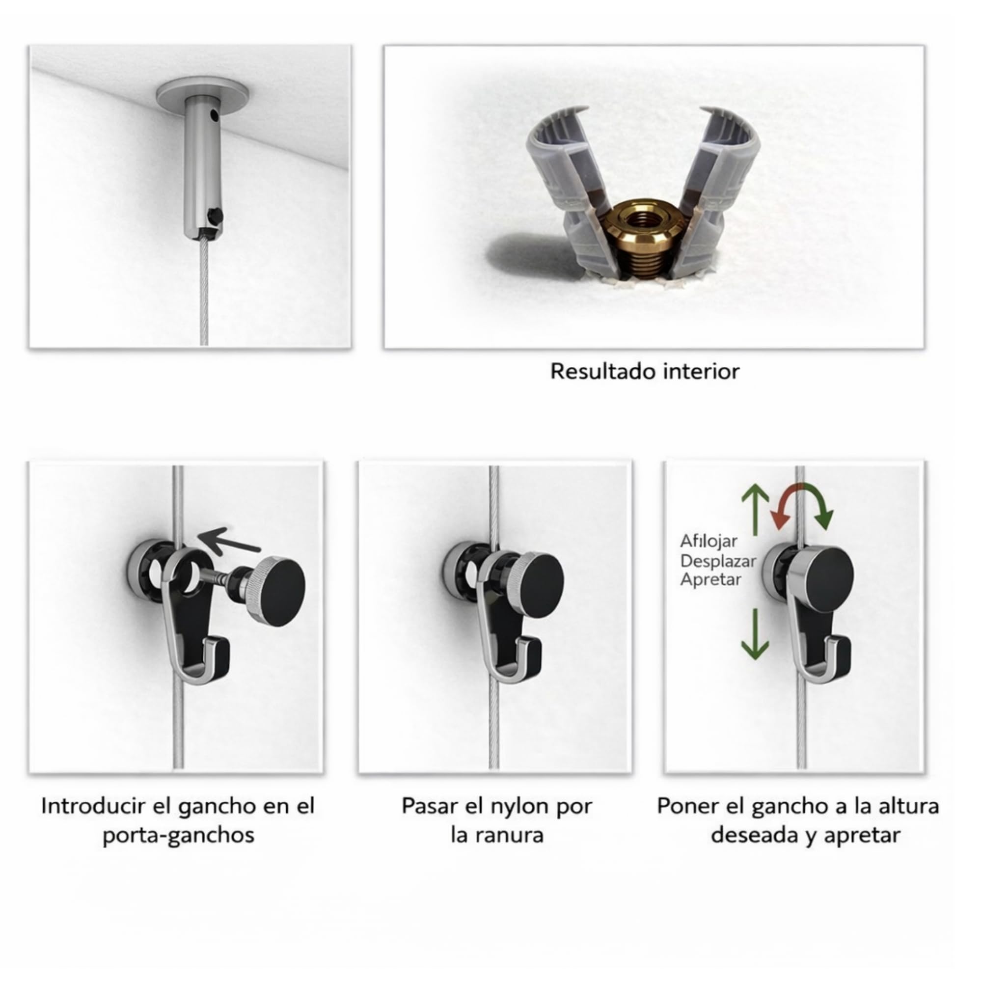 Gancho para colgar cuadros | Gancho RM con ajuste manual | Cable de acero de 2 m | Altura regulable sin herramientas | Soporta hasta 15 kg | Incluye taco expansivo - 5 unidades