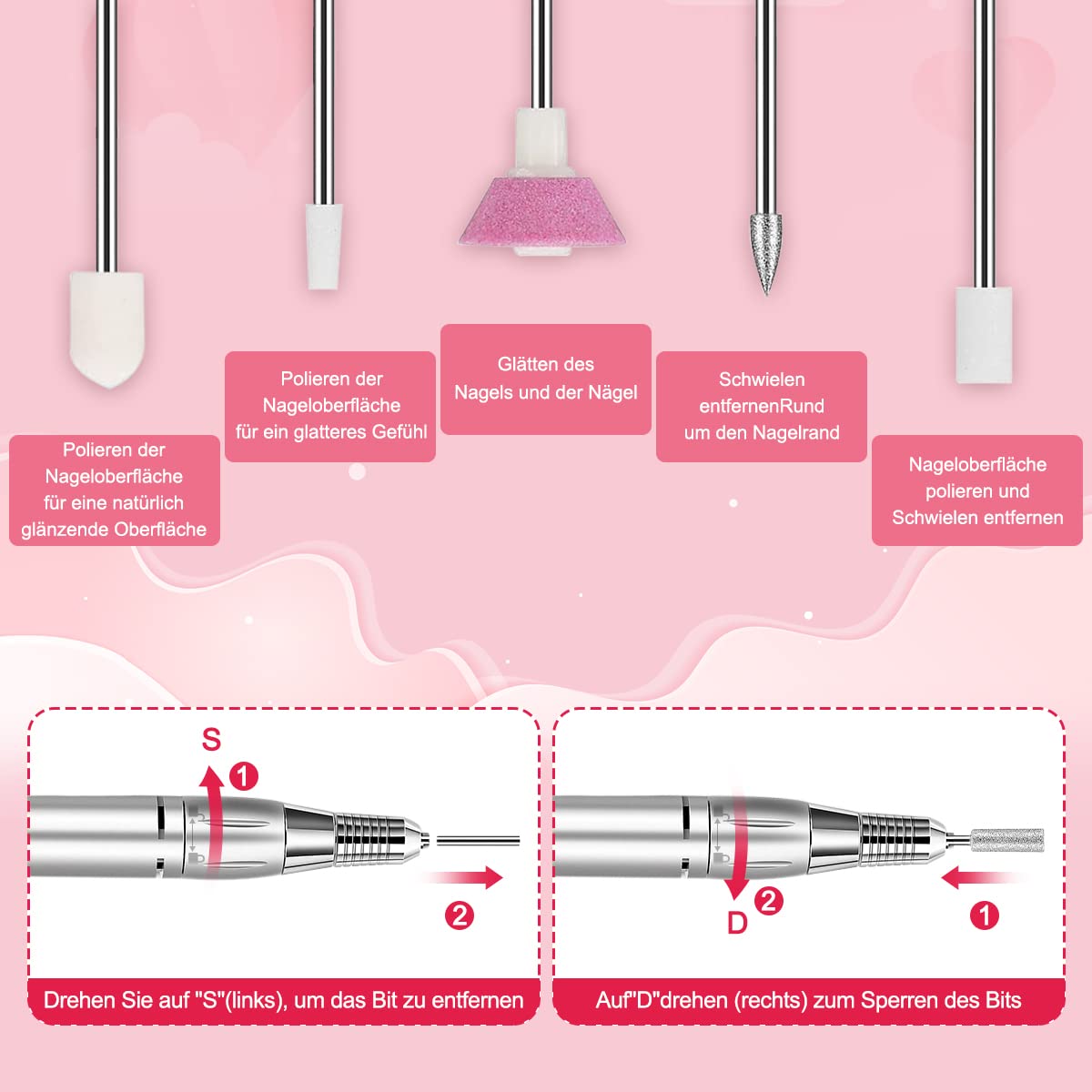 NAILGIRLS Elektrische Nagelfräser, 11 in 1 Nagelfräser für Gelnägel, 35000 U/min, Leise, mit LCD-Display und Fußpedal, Maniküre Set Elektrisch, Maniküre Pediküre Set für Anfänger & Profis(Weiß)