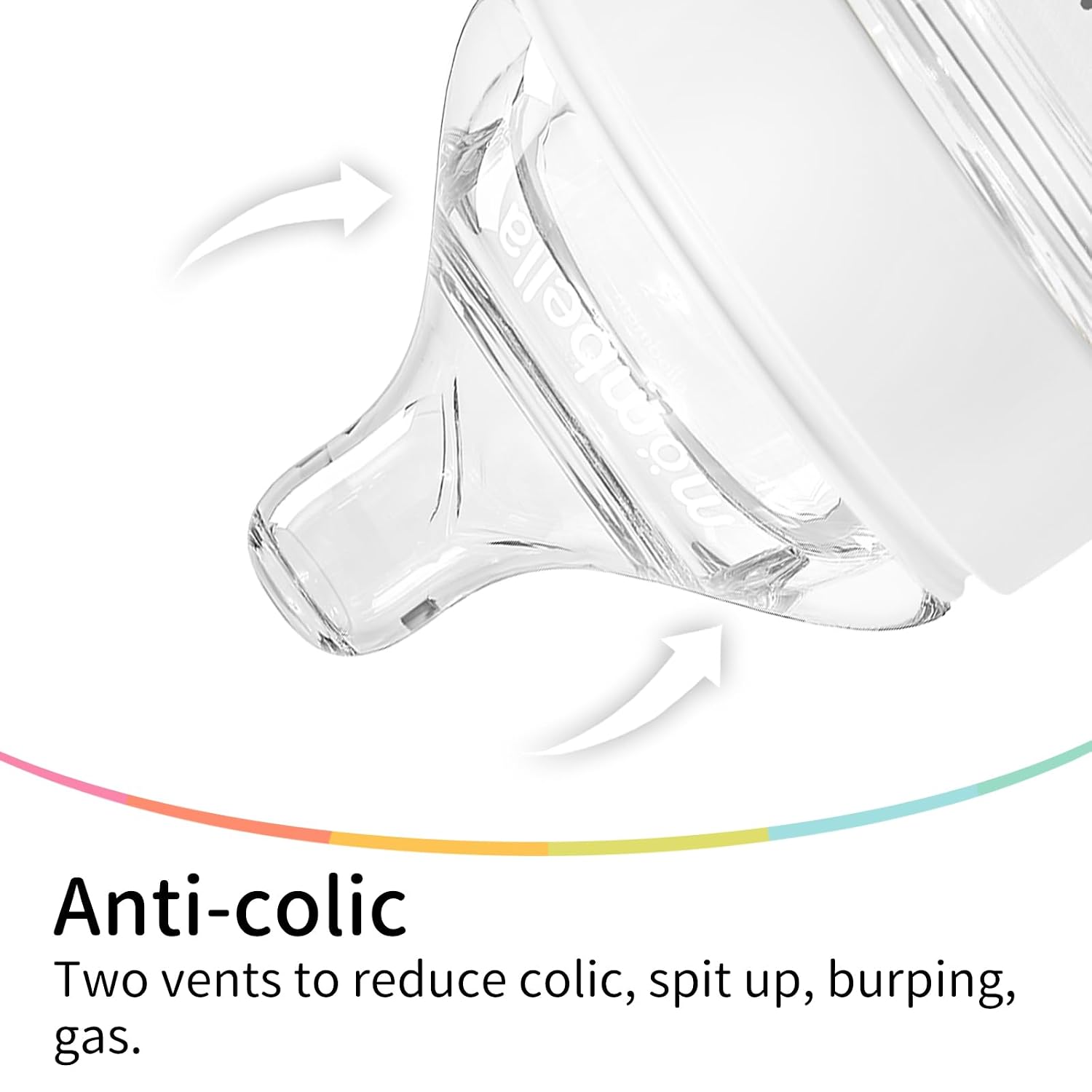 Mombella Classic Baby Bottles for Newborn with Slow Flow Nipple, Anti Colic Milk Bottle, Air Free Vent Feeding Bottle, Baby Bottle for Breastfeeding Babies 0 Months+, 6 oz, Ivory