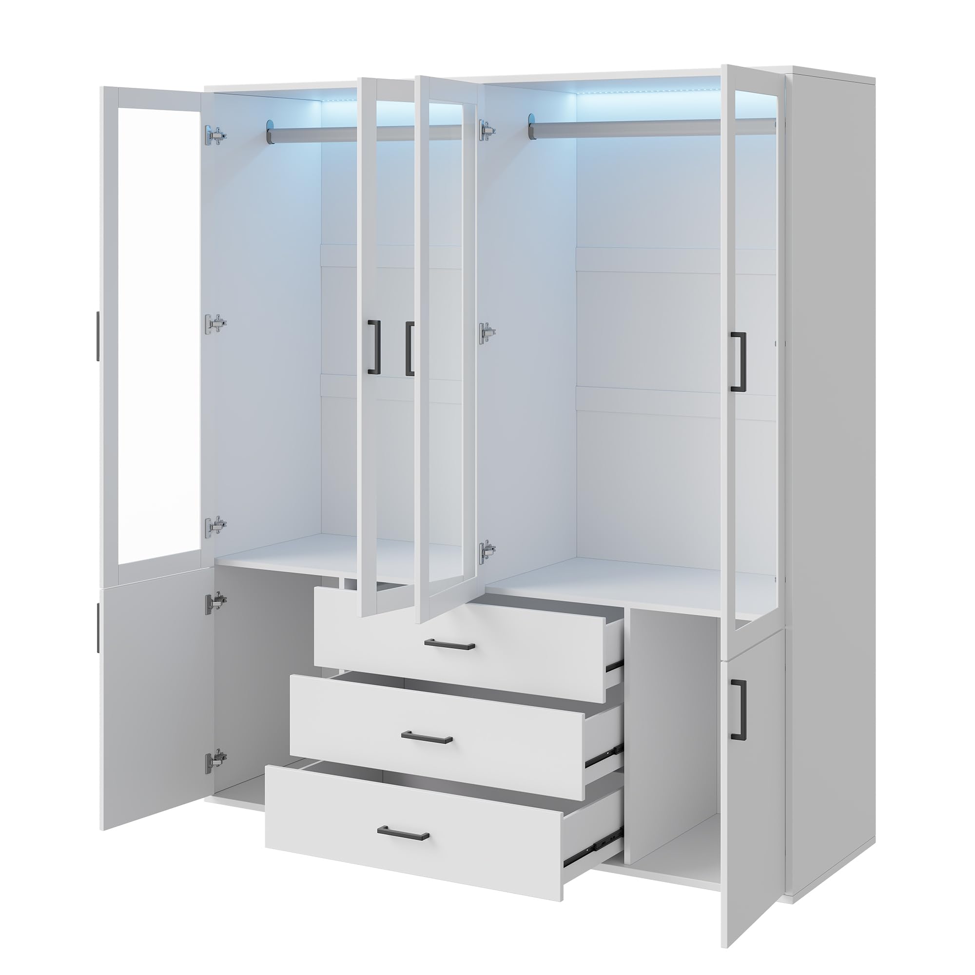 Armadio bianco con LED, 160 cm di larghezza, con porte girevoli, 4 ante in vetro, 2 porte, 3 cassetti, appendiabiti, armadio moderno, per camera da letto