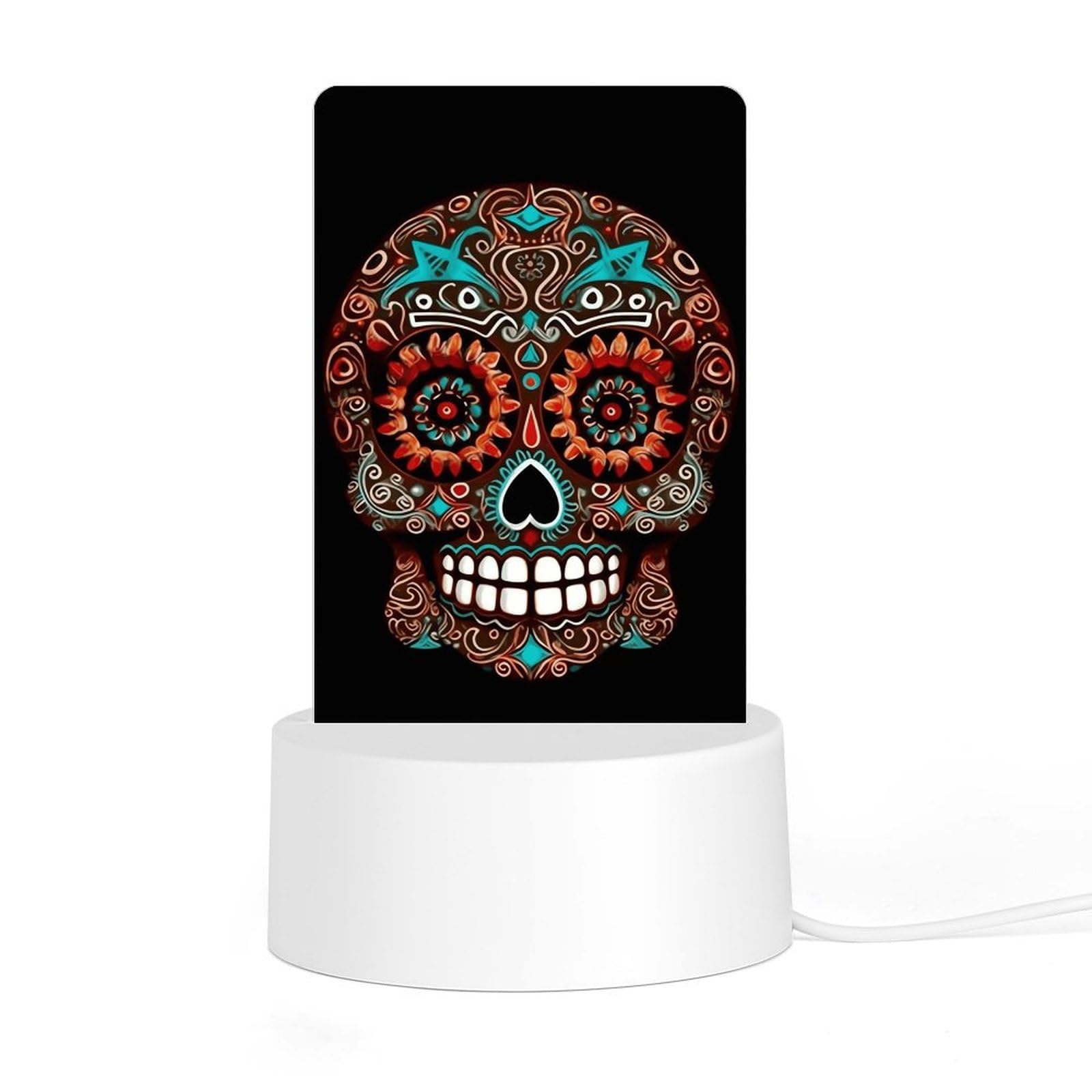 JTREHY Acrylic Night Light with Base, Sugar Skulls Day of The Dead Printed Desktop Night Light LED Bedside Night Light for Bedroom, Bathroom, Corridor, Holiday Gift