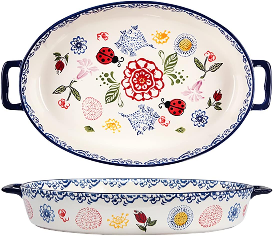 Vintage Style Flower and Butterfly Ladybug Pattern Bakeware Ceramic Casserole Dish Baking Pan Lasagna Pans Baking Dish with Handles for Oven to Table-1 PCS-A-Oval-Large