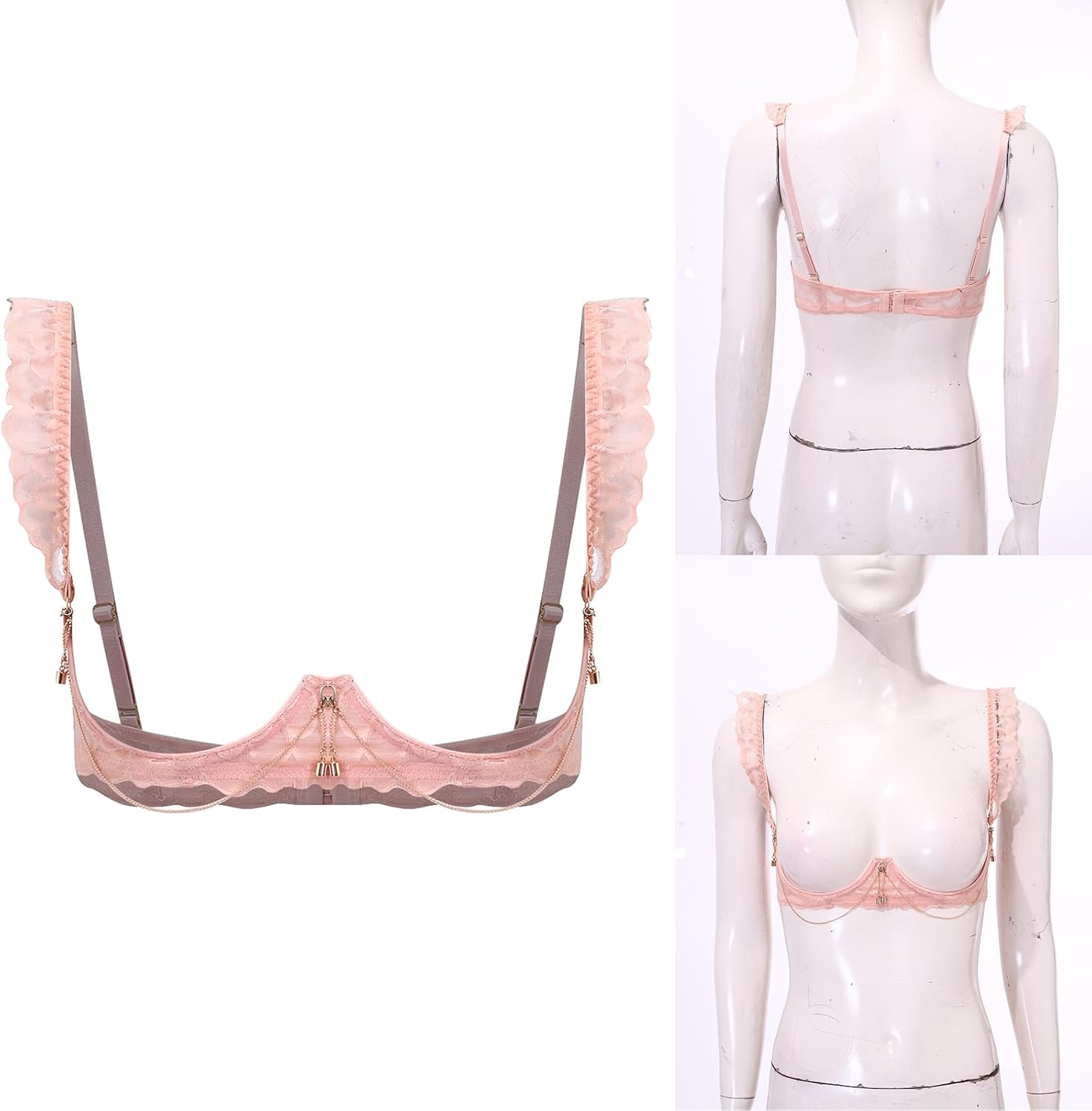Women Open Breast Cup Caged Bra Harness Spaghetti Straps Lace Balconette Hollow Out Brassiere