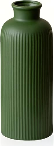 Green Ribbed Ceramic Vase for Flowers, Modern Textured Decorative Vase, 10 Inch Tall, 4 Inch Width, Farmhouse Style Home Decor (Matte Glaze Green)