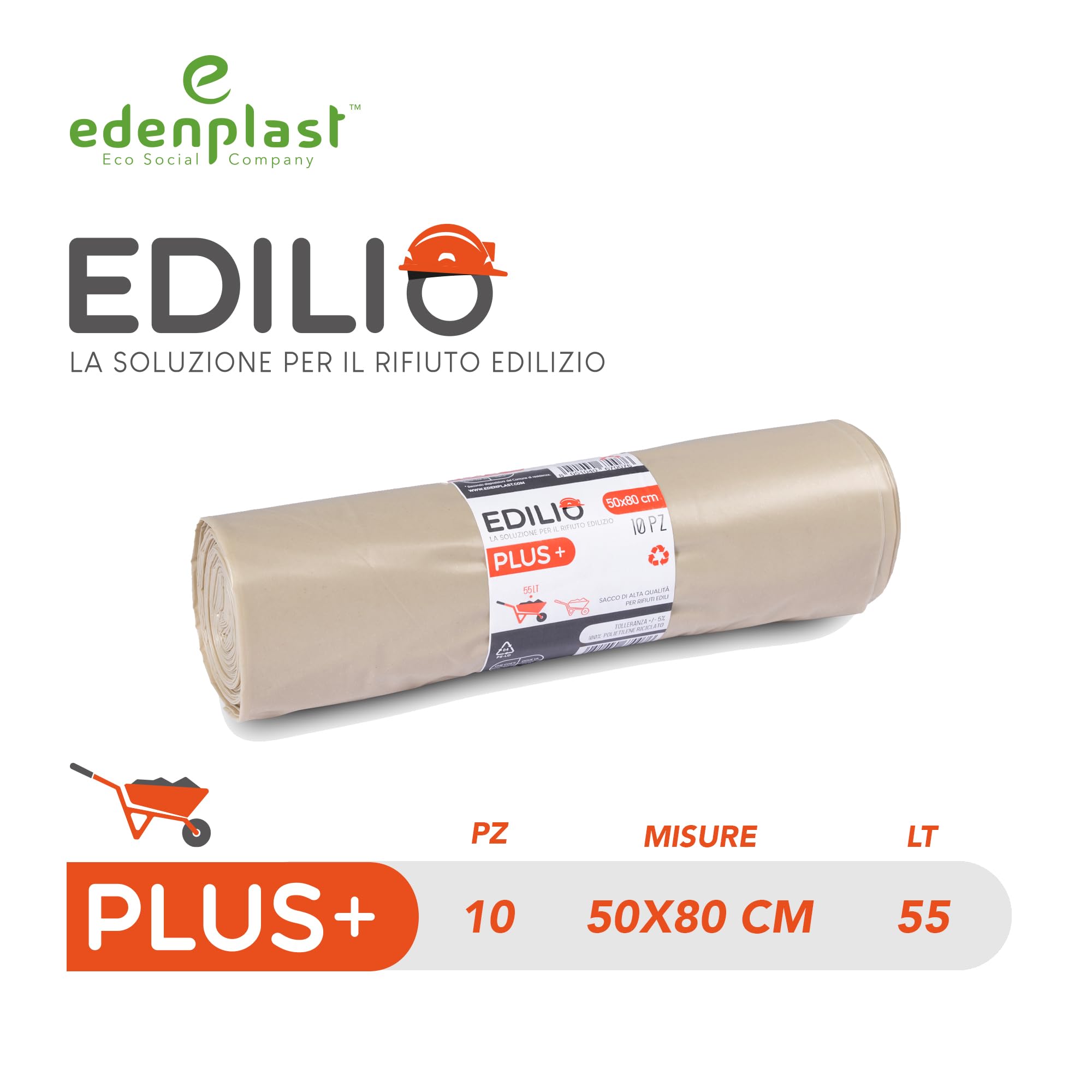 Sacchi spazzatura EDILIO+ 55LT - 50x80cm - Ambra - Sacco di alta qualità per rifiuti edili - Polietilene 100% Riciclato - 12 Rotoli da 10 sacchi