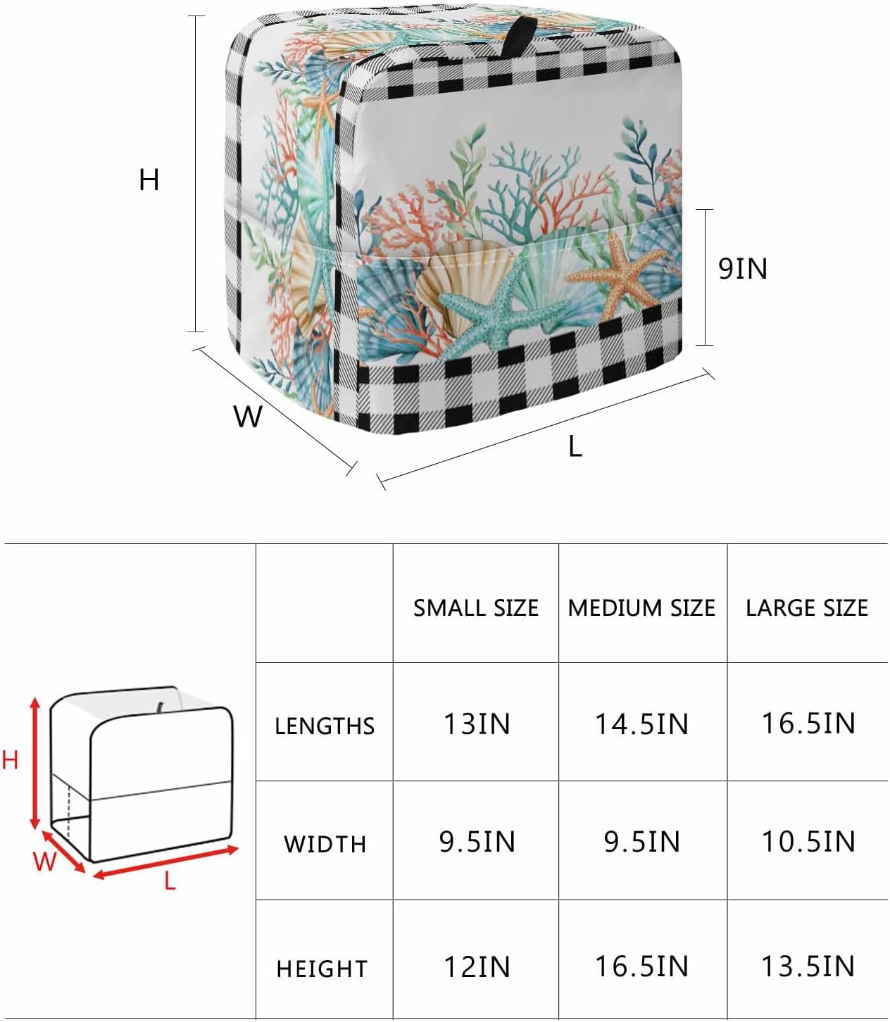 Coastal Corals Shells Stand Mixer Cover with Storage Pocket, Waterproof Kitchen Mixer Covers, Ocean Marine Life Sstarfish Black Plaid Kitchen Appliance Dust Cover Compatible with 5-8 Quart Mixers
