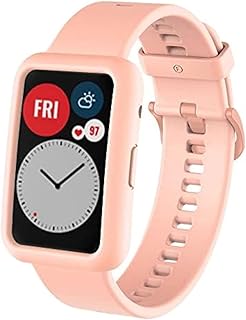 Compatible with Huawei Watch Fit Silicone Smart Watch Strap + Protective Case Set,Men Women Sport Wristband, Breathable Replacement Strap.(Pink)