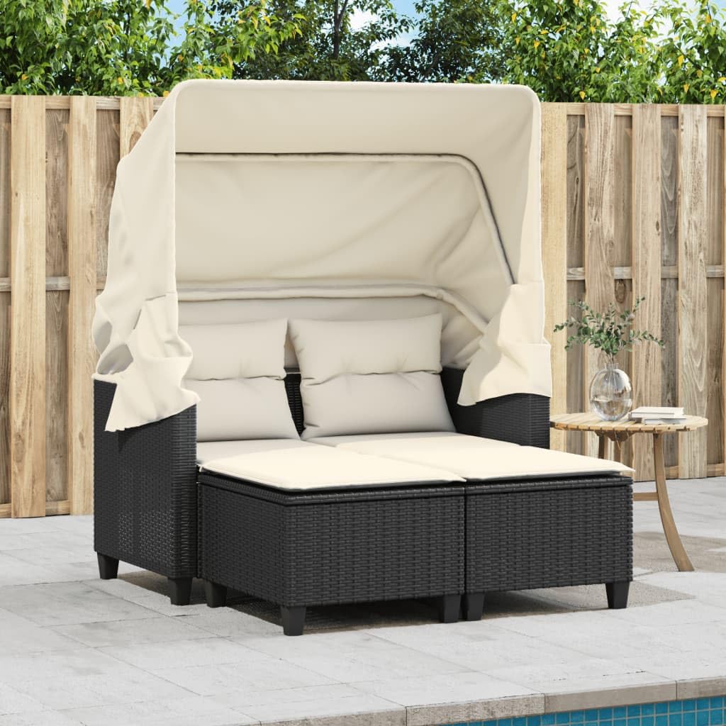 sofás Baratos,sofás de Dos plazas,Sillon Cama 1 Plaza Plegable,Sofá de jardín 2 plazas con toldo y taburetes ratán PE negroAdecuado para salón, Dormitorio