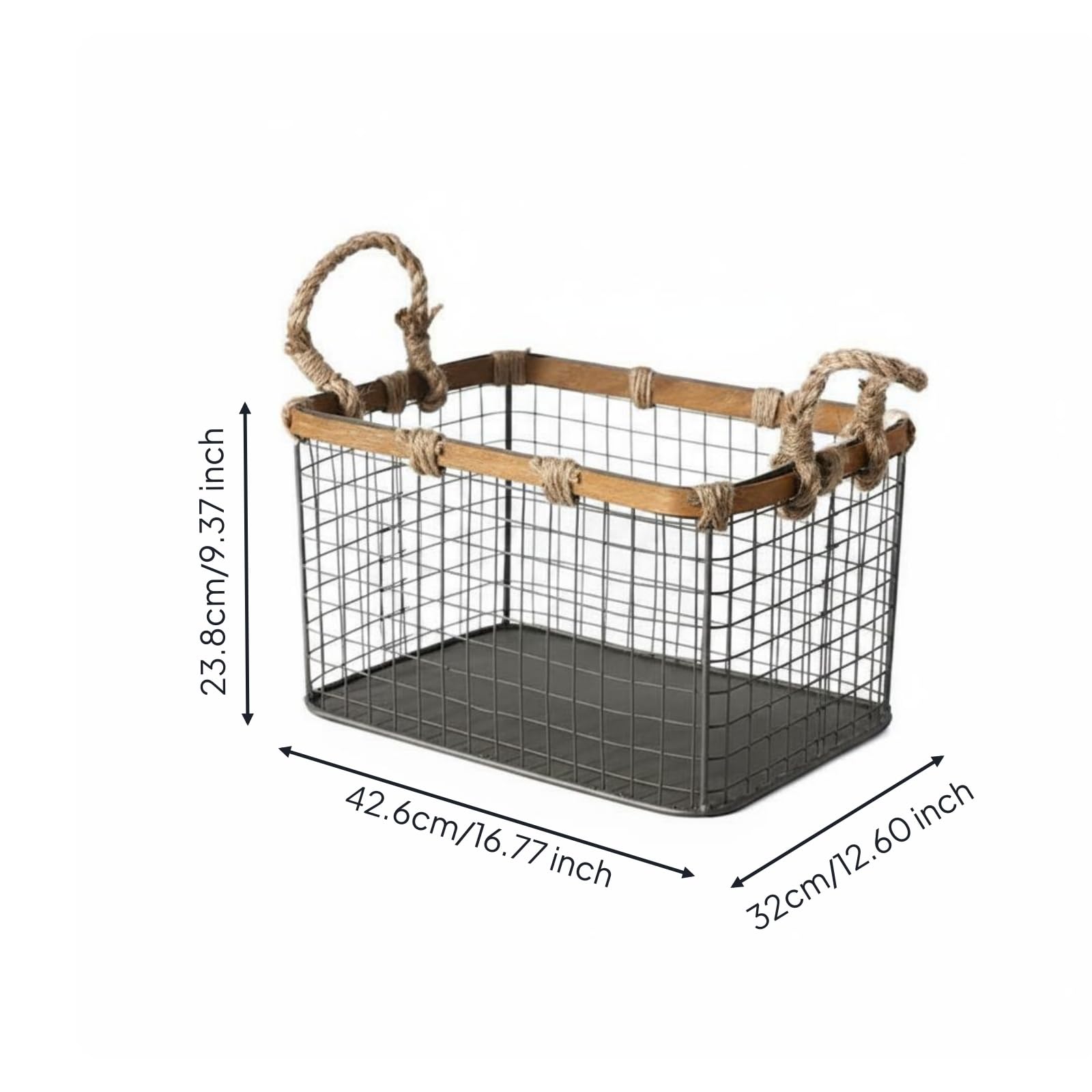 Cesta de Almacenamiento Rectangular de Alambre con Borde de Madera y Base Sólida con Asas de Cuerda para Transporte, Grande, Cesta De Almacenamiento De Metal Y Madera Con Doble Asa