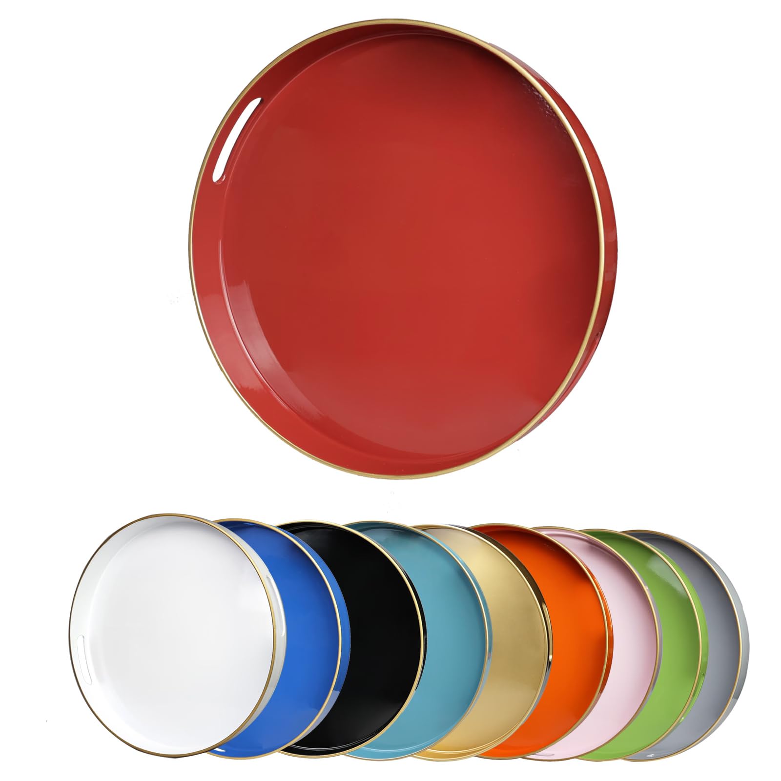 Leemxiiny Red Round Decorative Tray with Handles, 13" Elegant Coffee Table Serving Tray for Ottoman Living Room, Bathroom, Outdoors, Breakfast