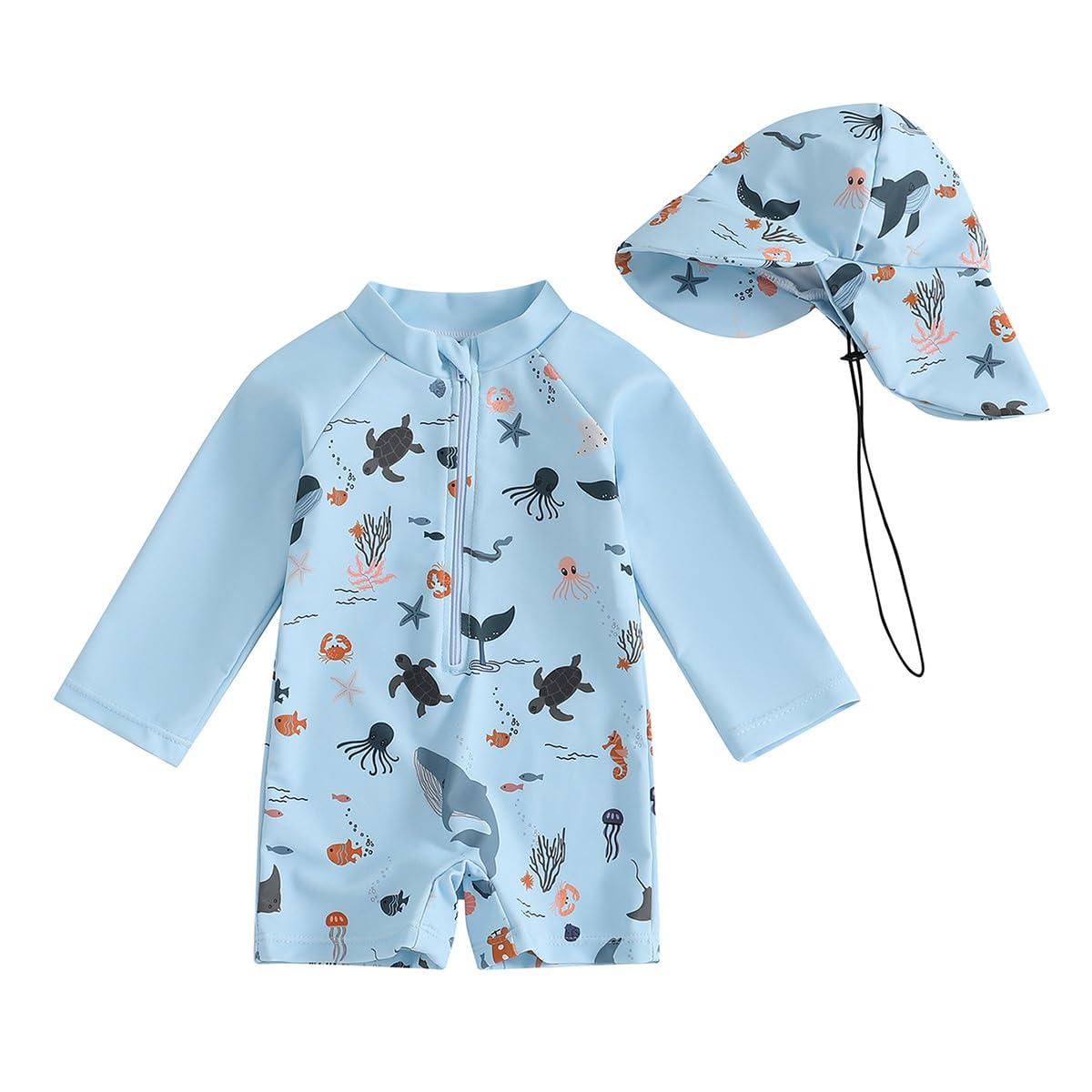 Bébé Garçon Maillot de Bain Une Pièce Imprimé à Manches Longues Protection Anti-UV Rashguard avec Fermeture Éclair et Chapeau d'Été 2 Pièces Ensemble